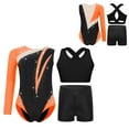 thumbnail image 4 of inlzdz Dance Unitards for Girls Shiny Rhinestones Color Block Asymmetrical Skating Leotard with Orange 16, 4 of 5