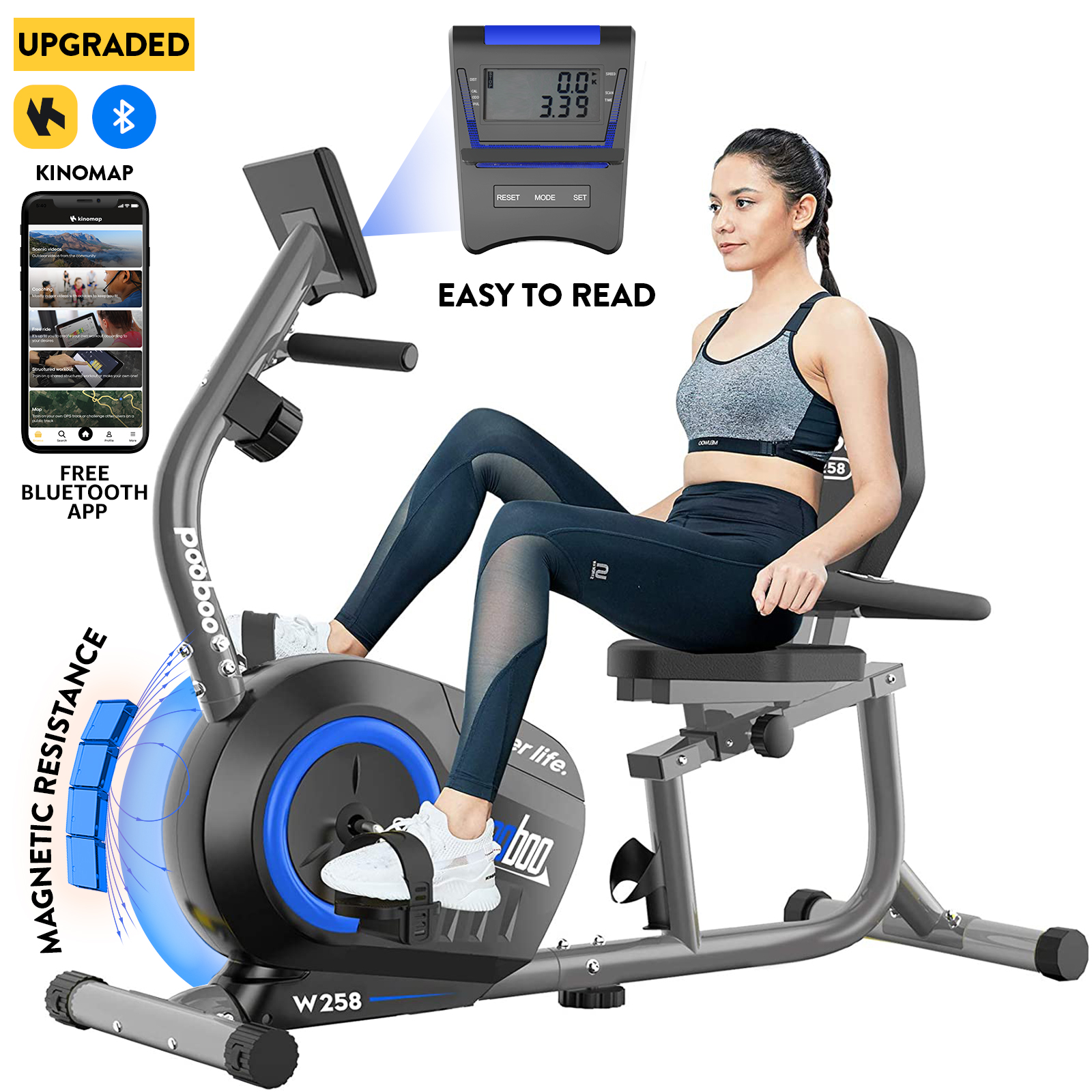 Pooboo Recumbent Exercise Bikes Sit Down Stationary Bicycle Magnetic Resistance Indoor Cycling Bike 380lb - image 2 of 16