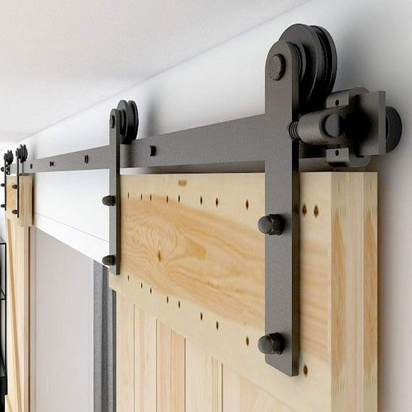 CCJH 7.5FT Sliding Barn Door Hardware Kit, Heavy Duty, Smoothly and Silently, Easy to Install, Fit 22.5" Width Double Door Panel, I Shaped Hangers Black