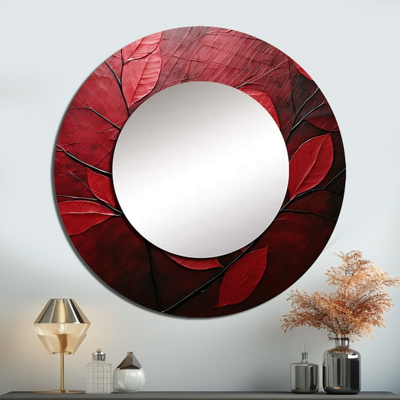 Designart "Foliage Adorned with Cherry Tones I" Leaves Rund Mirror For Wall Decor - Large Red Round Printed Mirror - Traditional Round Office Mirror - 23" x 23"