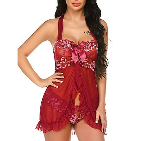 

LAPA Women Sexy Halter Backless Lace Lingerie See Through Ruffle Babydoll Nightwear