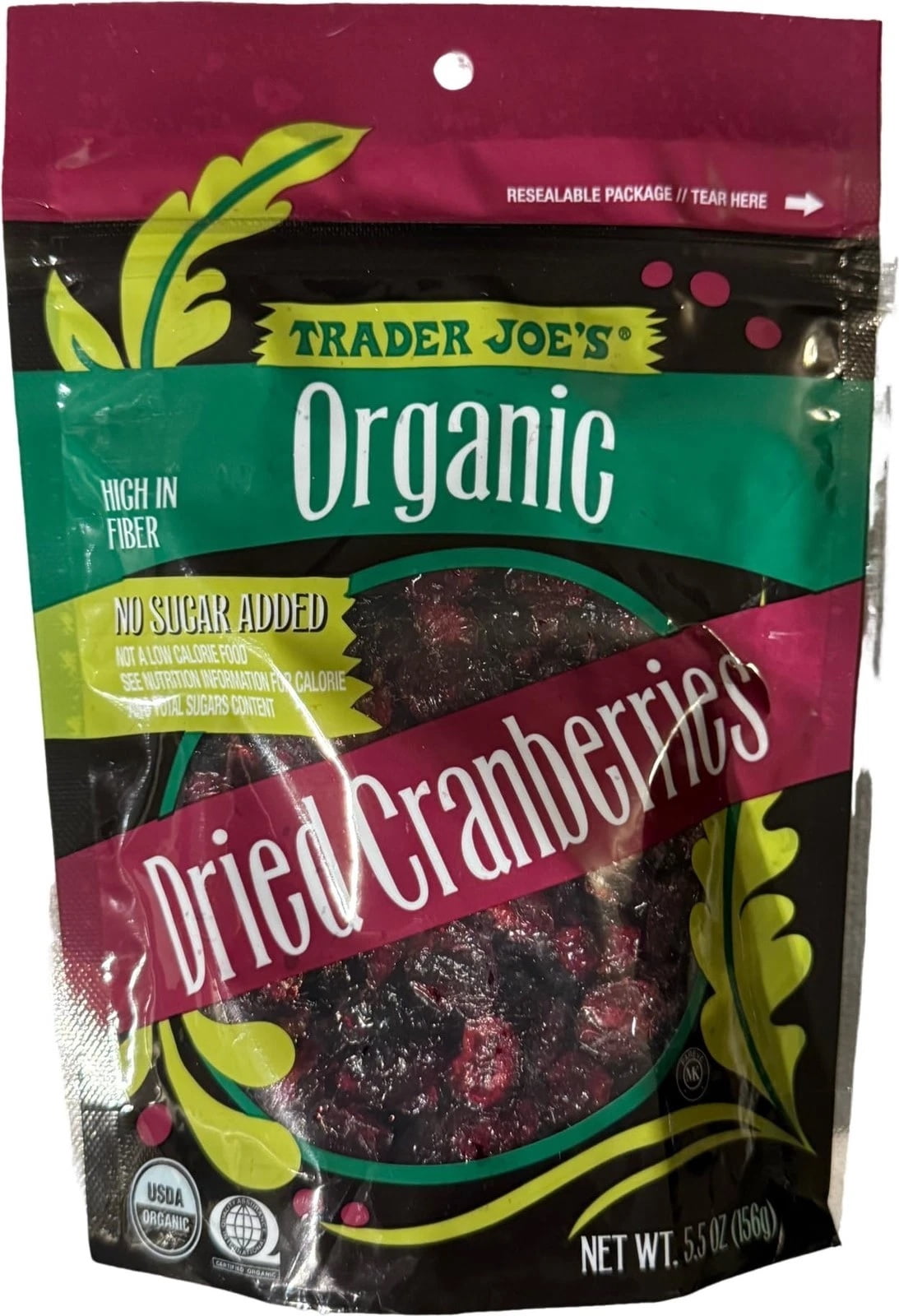 Trader Joe's Organic Dried Cranberries High in Fiber, No Sugar Added, Pack of 1, 5.5oz (156g)