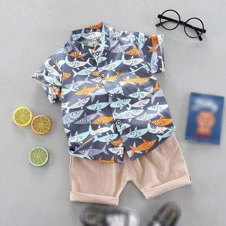 

Elaydool Cotton Boys Summer Casual Simple Short Sleeve Cartoon Dinosaur Print Dark Shirt + Khaki Shorts 2 Piece Set 110 Size