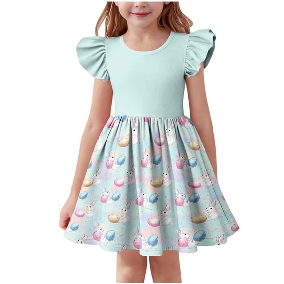 Girls Easter Dress Kids Light Blue Bunny Egg Print Pastel Ombre Flutter Sleeve A-Line Spring Party Casual,Size 9-10 T