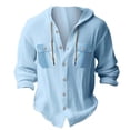 thumbnail image 3 of BiZtdJrK Mens Button Down Hooded Shirts Lightweight Casual Long Sleeve Hoodies 2 Pockets Cargo Shirt Vacation Beach Tops, Sky Blue, L, 3 of 4