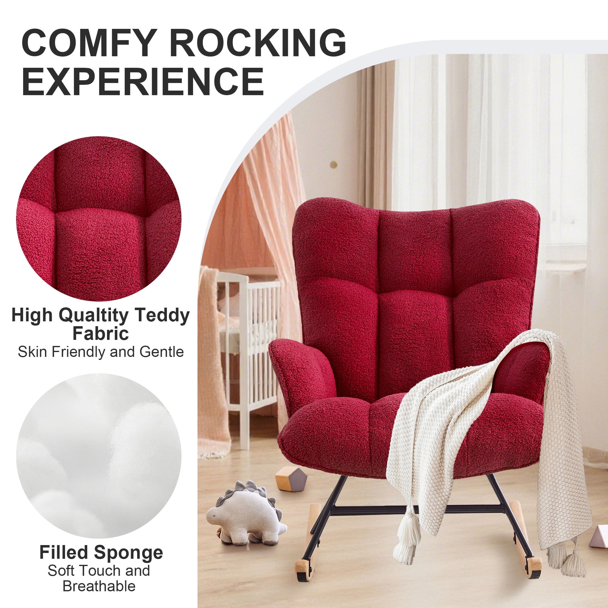 SAETSFEG Rocking Chair Nursery Teddy Upholstered Glider Rocker Rocking Accent Chair Padded Seat with High Backrest Armchair Comfy Side Chair for Living Room, Bedroom, Burgundy