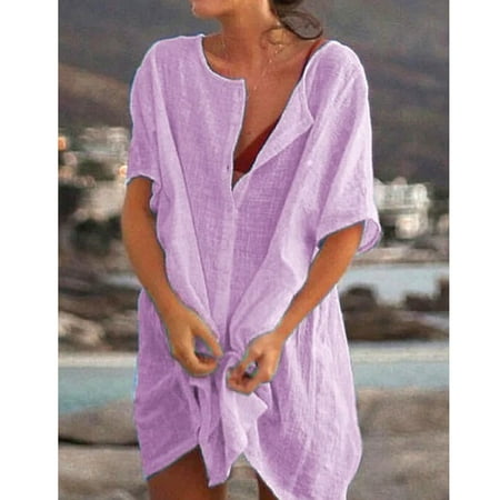2023 Swimsuit Cover up for Women Cover Ups Summer Beach Short Dresses Round Neck for Bikini Swimwear  Purple  2XL