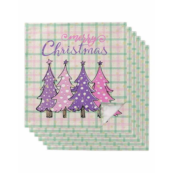 Purple Pink Christmas Tree Cloth Napkins Set of 6, Xmas Snowflake Plaid Rustic Washable Reusable Dinner Cocktail Napkin for Kitchen Party Wedding Banquet Holiday Baby Shower Table Decor