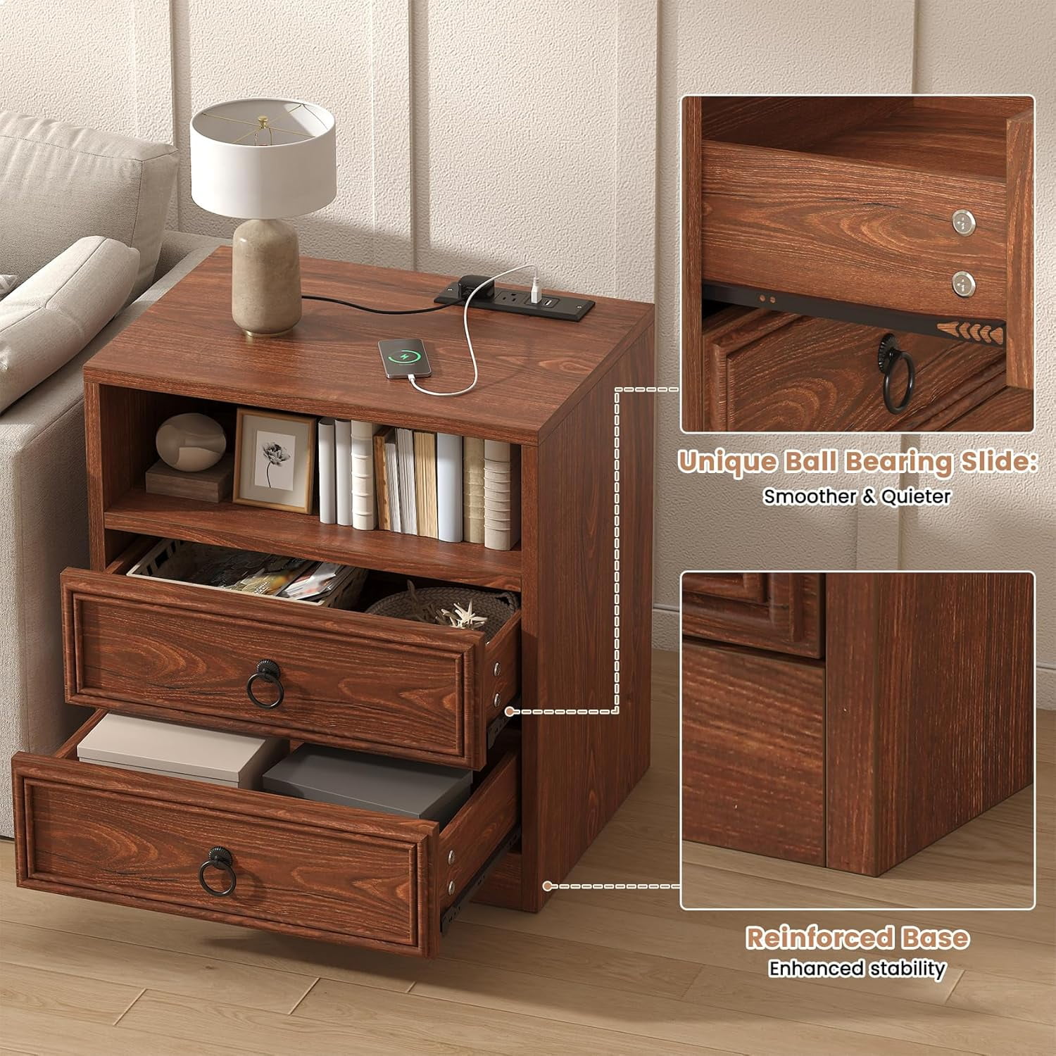 Winkalon 2 Drawers Farmhouse Nightstand with Charging Station, Rustic Bedside Tbale with Drawers for Bedroom, Vintage End Table with Open Shelf for Bedroom Living Room, Cherry