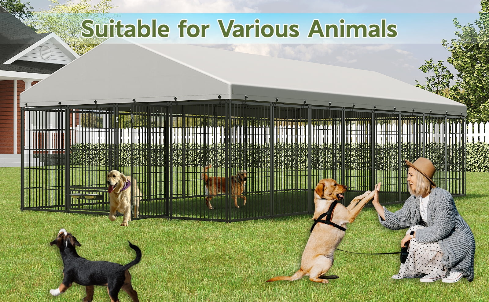 VEPXXP Large Outdoor Dog Kennel 18.9'x9.61'x6.23' Metal Pet Enclosure with Roof & Rotating Feeders