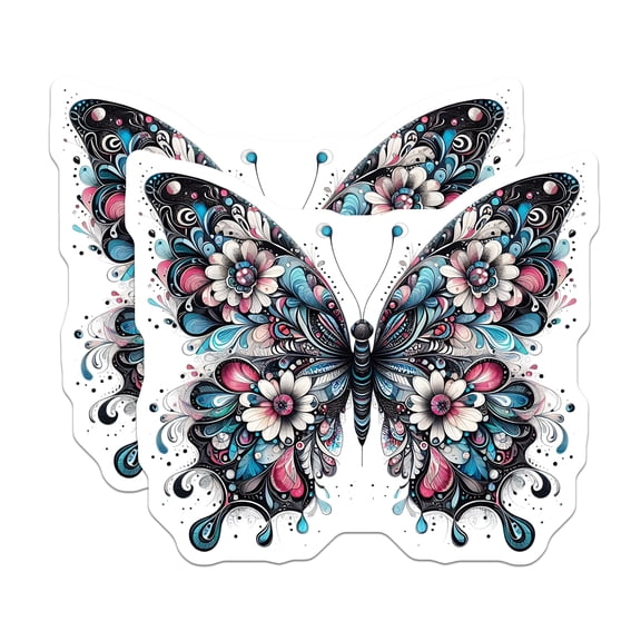 (2 Pack) Butterfly Stickers - Floral Design Stickers - Decorative Stickers - 5" On Longest Side - Sticks to Smooth Flat Surfaces - Made in USA - BMCS15140