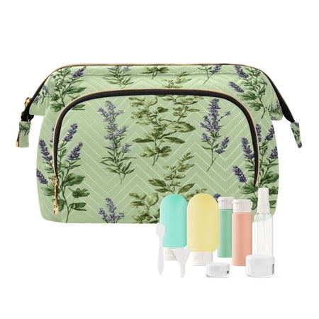 Wavy Quilted Cosmetic Bag Large-Capacity Travel Toiletry Organizer Includes 9-Piece Portable Travel Bottle Set Green and Lavender Herbs