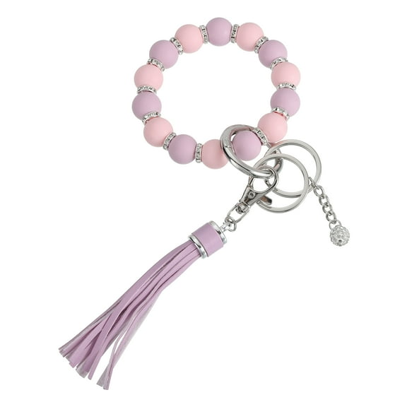 Uxcell Silicone Wristlet Keychain, Cute Beaded Wristlet Keychain Car Key Ring with Leather Tassel for Women, Light Pink/Purple