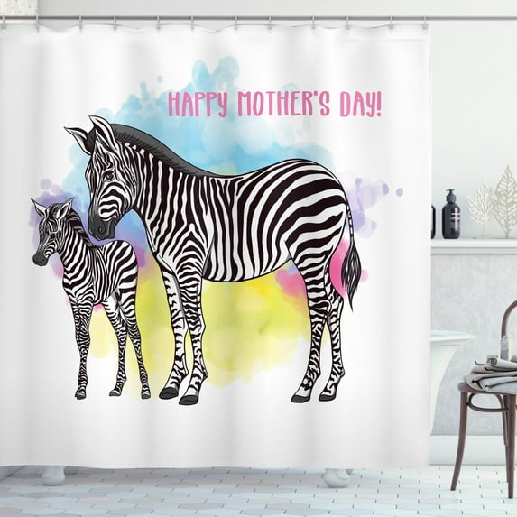 Mother's Day Shower Curtain, Zebra Mother and Baby on Splashing Watercolor Splashes Image, Fabric Bathroom Set with Hooks, 69W X 70L Inches, Multicolor, by Ambesonne