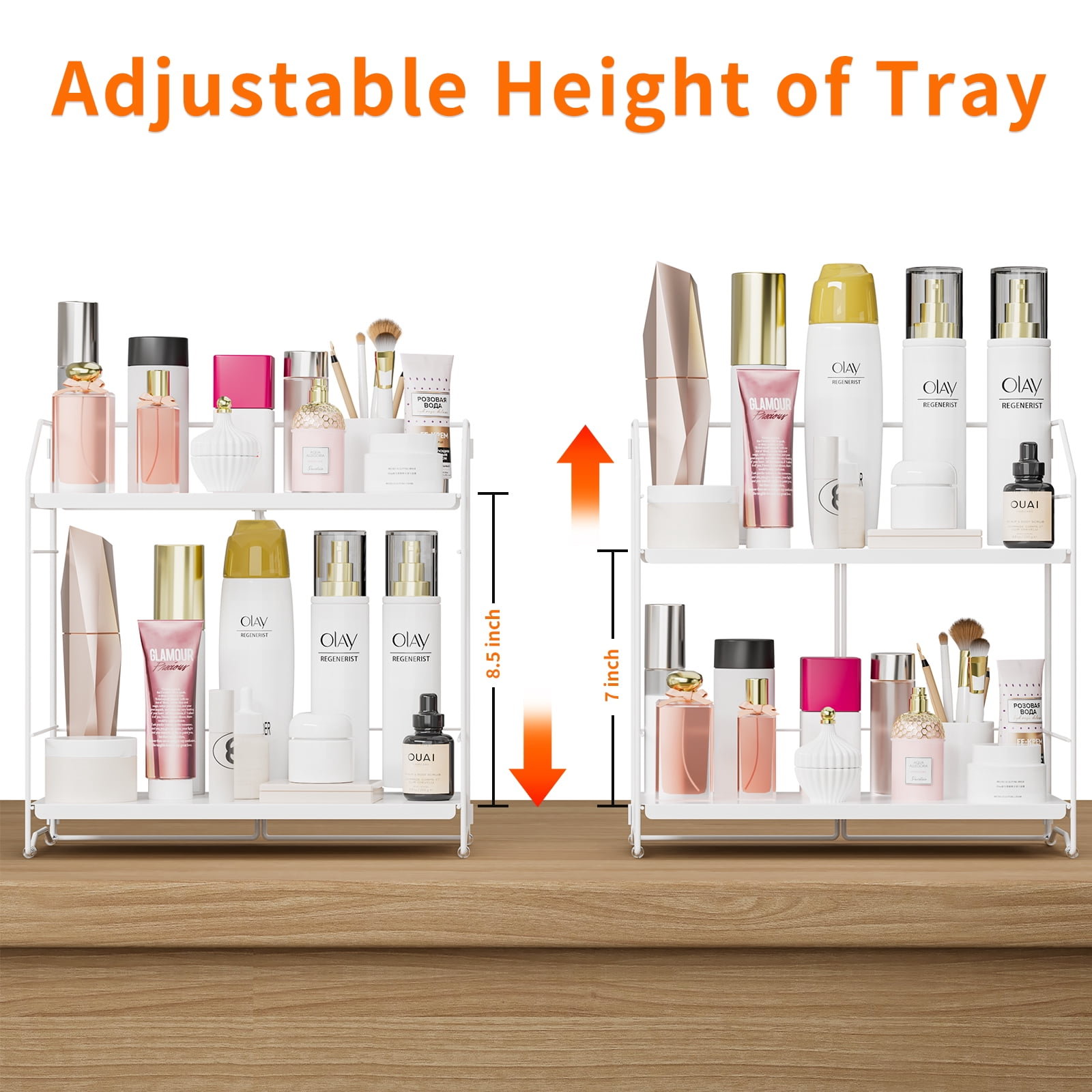BOIVSHI Bathroom Counter Organizer, 2-Tier Standing Countertop Shelf, Height Adjustable Spice Rack Organizer, Cosmetic Storage Organizer for Bathroom, Desktop, Metal White