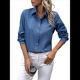 thumbnail image 1 of Camisas con Botones para Mujer, Blusas de Larga, Blusas Casuales Lisas para Oficina y Trabajo Azul Vaquero M, 1 of 7