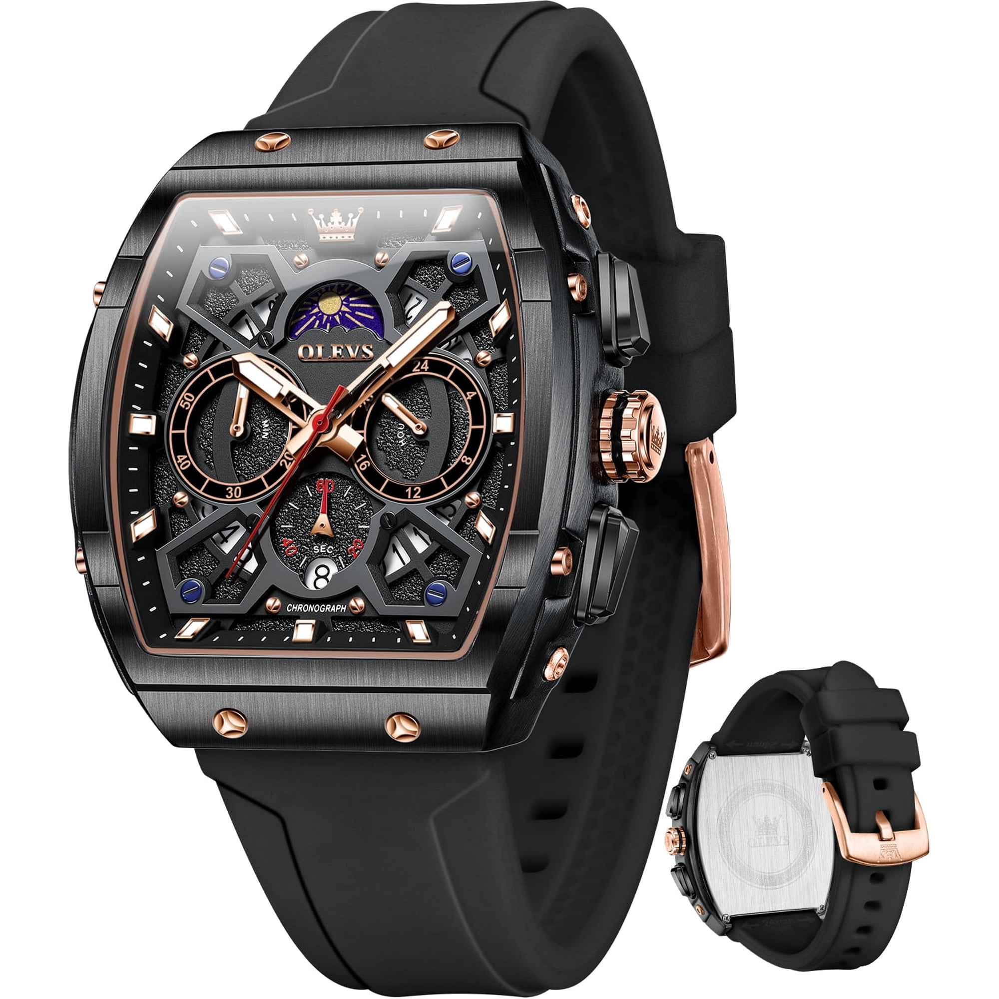 OLEVS Watches for Men Chronograph Waterproof Luxury Dress Quartz Silicon Strap Multifunction Moon Phase Calendar Luminous Men Wrist Watches Reloj Para Hombre Black/Red