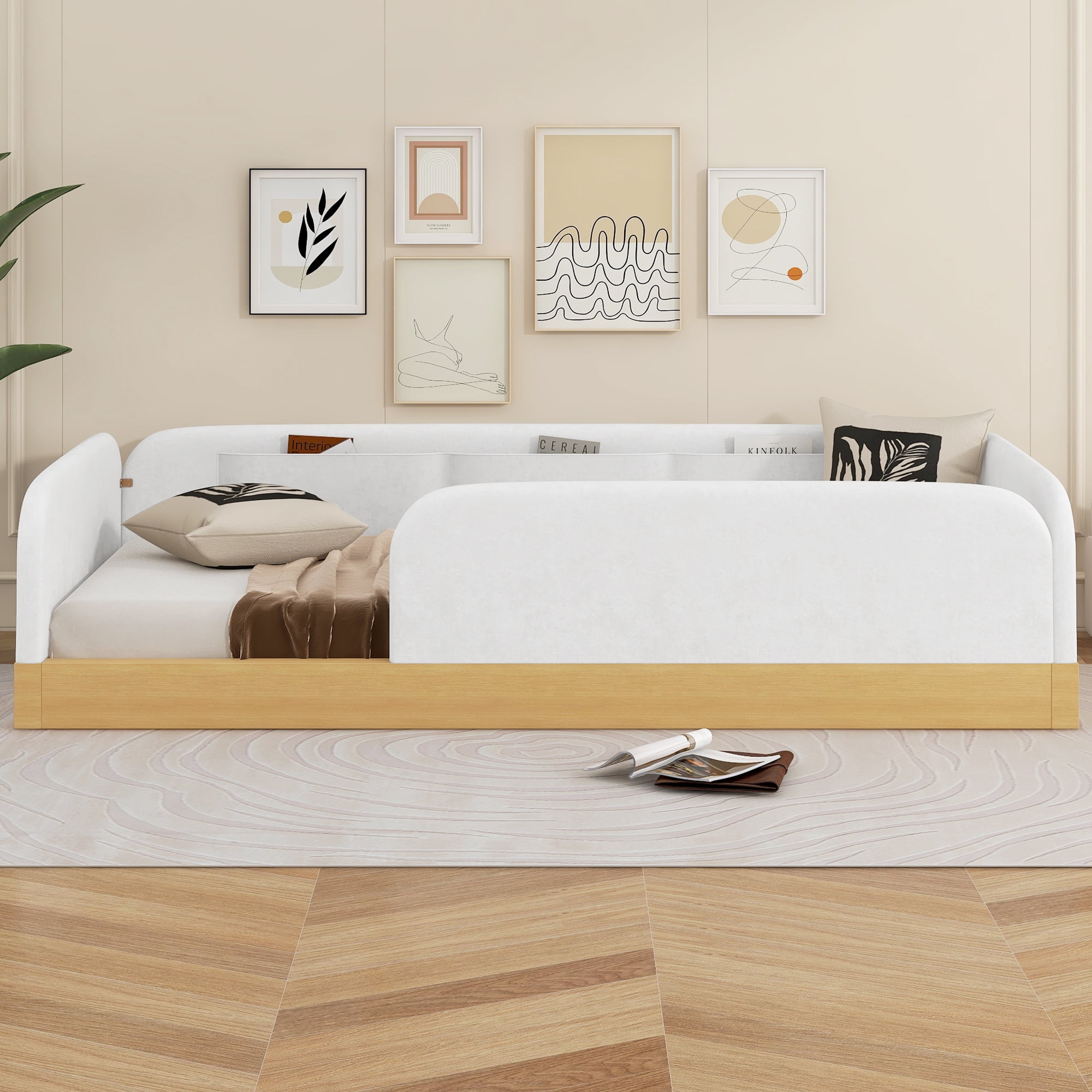 Euroco Upholstery Twin Platform Bed, Floor Bed with Storage and Guardrails, Natural