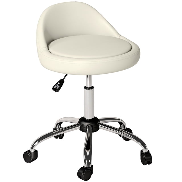 Tabouret de Salon Blanc à Hauteur Réglable, Chaise de Travail Pivotante en Cuir PU à Roulettes avec 5 Roues et Base en Métal, pour Salons de Beauté, Studios de Tatouage et Bureau à Domicile, 19,7 Pouces de Diamètre.