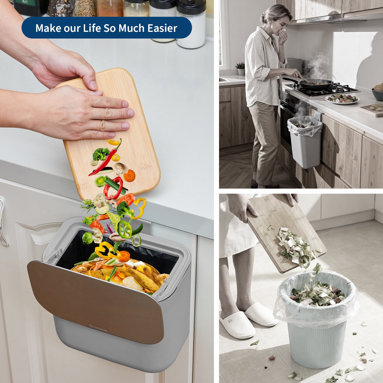 1.8 Gallon Kitchen Hanging Small Trash Can with Stainless Steel Lid, Odor-Free Compost Bin, Space-Saving Garbage Can for Cabinet, Under Sink, RV, Bathroom, Grey