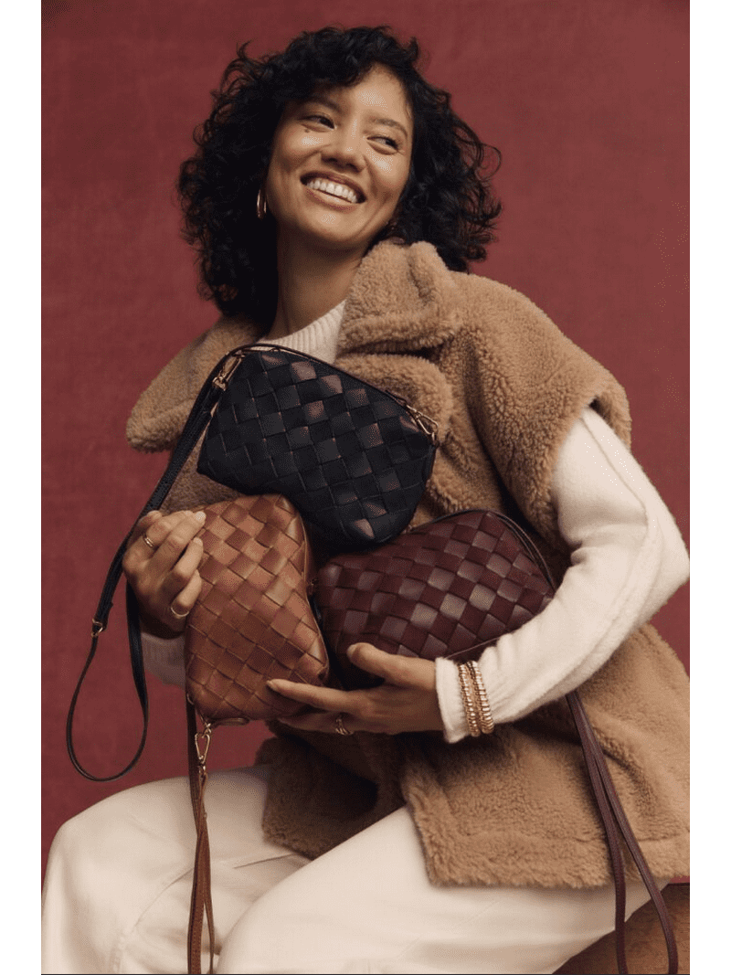 Time and Tru Women's Faux Leather and Suede Woven Camera Crossbody