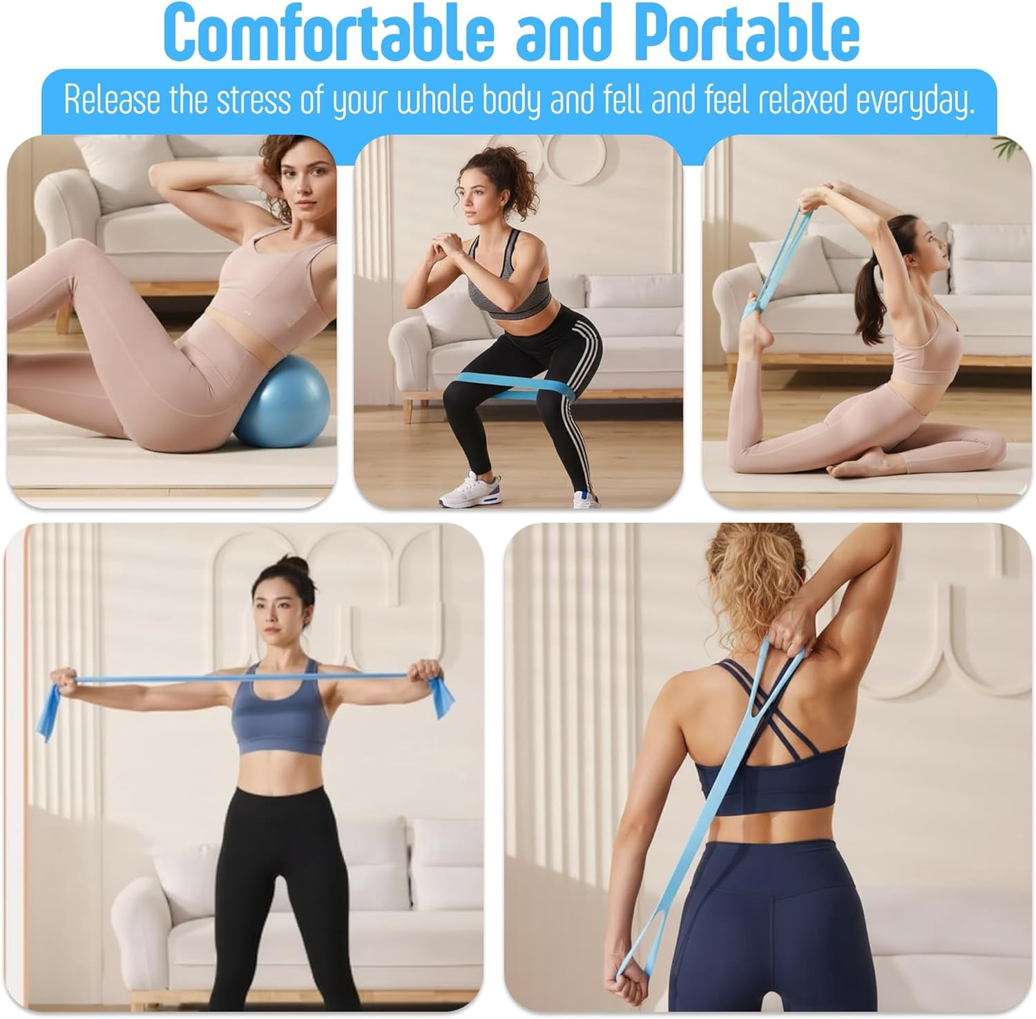 AMAVIK Pilates Kit 15-Piece Home Workout Set with 5 Resistance Bands, Pilates Ring and Ball Set with Accessories A Complete Pilates Set for Women to Improve Strength Flexibility and Balance Body-Blue