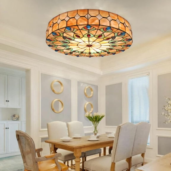 23" Ceiling Light Vintage Stained Glass Lampshade with Mother of Pearl Decor Dimmable Chandelier Flush Mount Lamp with Remote Control for Dining Room, Living Room, Bedroom