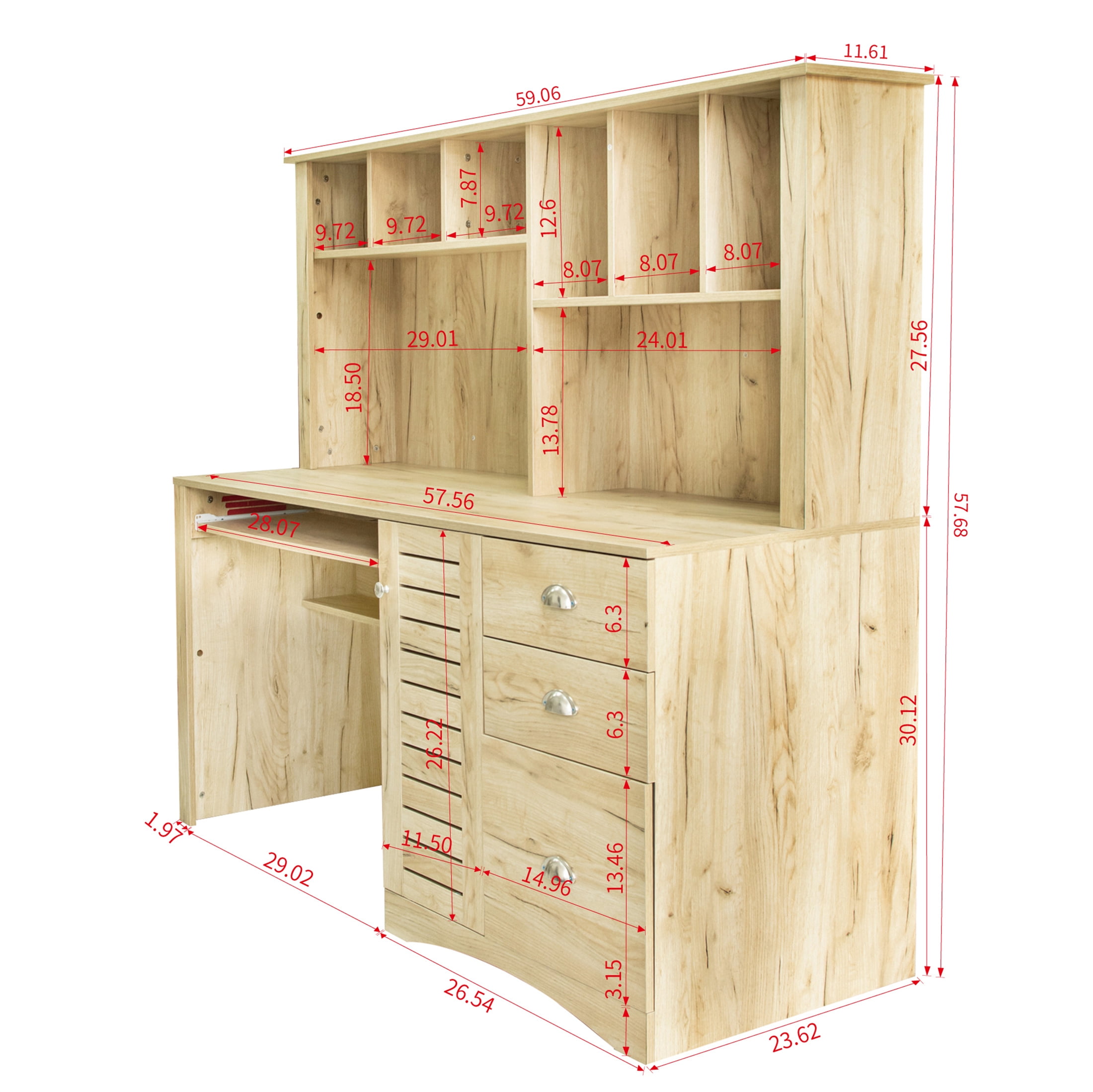 Aukfa 59" Computer Desk with Hutch for Home Office, 3 Drawers, Keyboard Tray, Oak Color