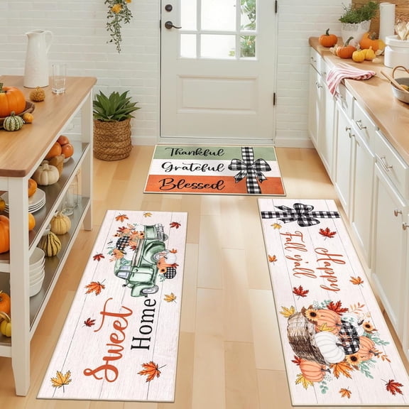 Fall Kitchen Rugs Set of 3 Piece Fall Kitchen Mats for Floor with Non Slip Backing,Washable Autumn Runner Rug for Sink Laundry Holiday Thanksgiving Decoration(Pumpkin Bow)