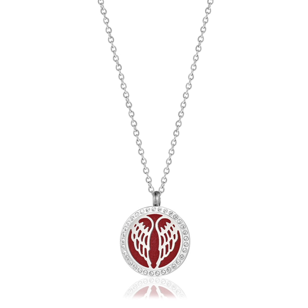 Rhinestone Medium Angel Wings Aromatherapy Necklace for Women Oil Lockets Jewelry Essential Oil Necklace with Gift Box
