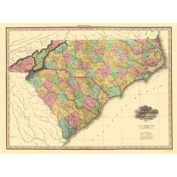 Historic State Map - North Carolina South Carolina - Tanner 1825 - 23 x 30.99 - Vintage Wall Art