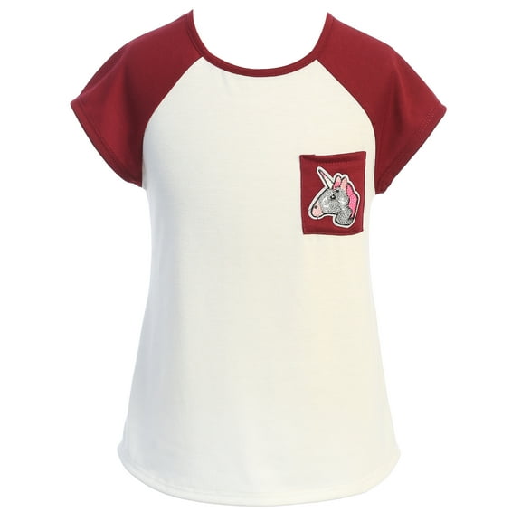 Toddler Girl Short Sleeve Glitter Unicorn Pocket T-Shirt Top Girls Clothing Set Burgundy 4 (21JK59TS)