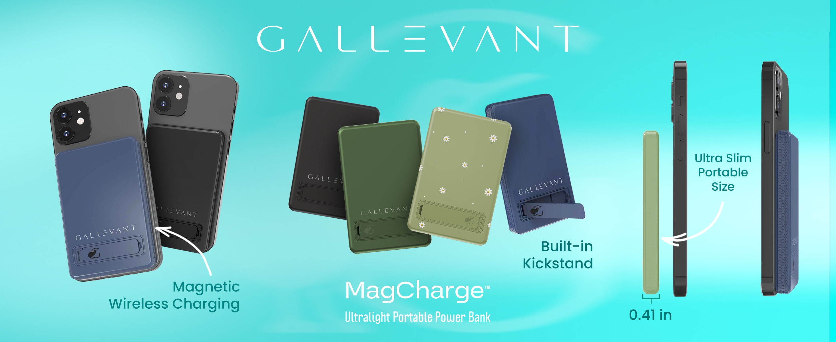 Gallevant 5000mAh Magnetic Wireless Power Bank: Compact, Stylish, Multi-Device Charging, with Built-in Kickstand and USB-C Port – Portable, Fast Charging for iPhone & Android, Olive
