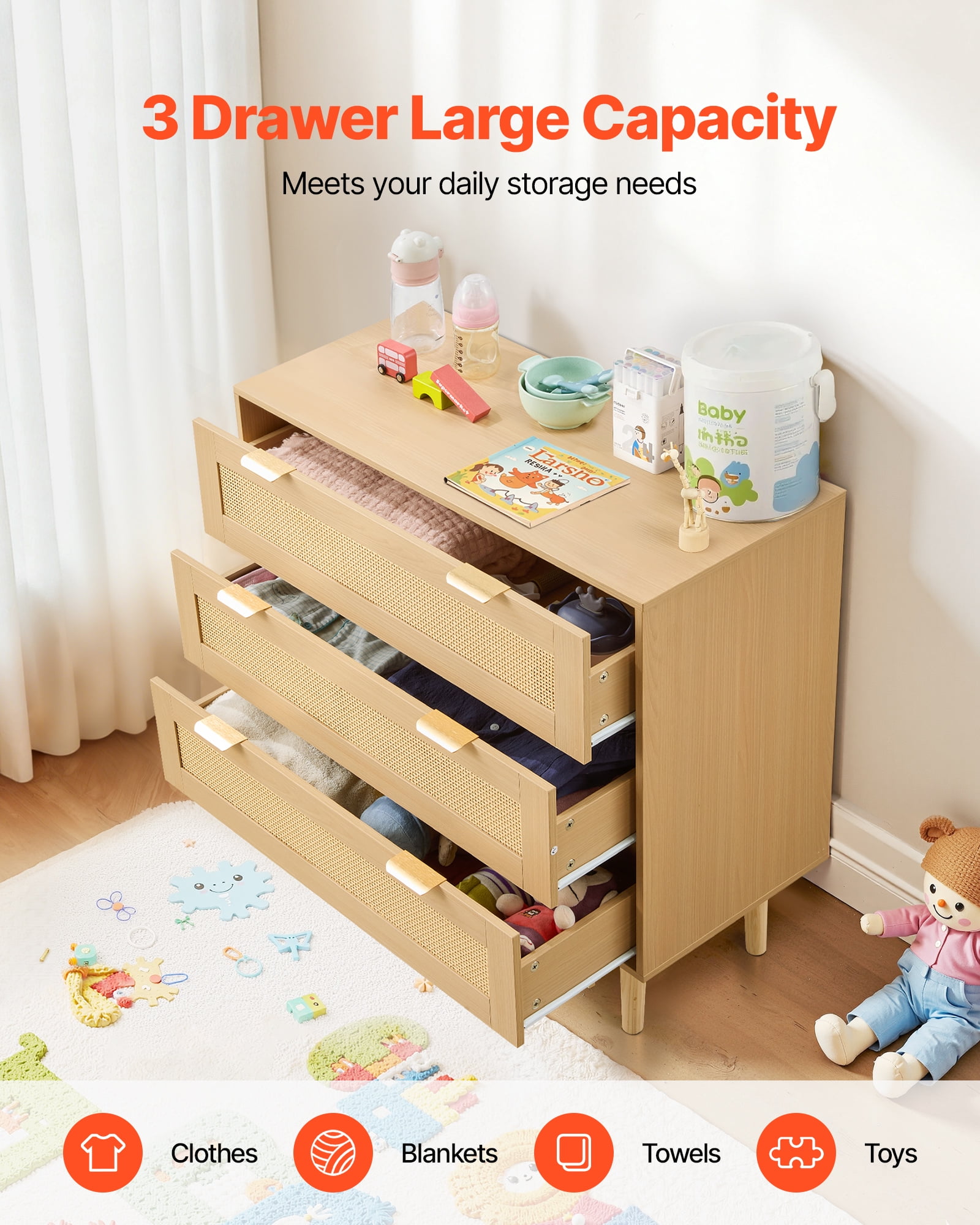 VEVOR 3 Drawer Rattan Dresser, Modern Closet Dresser for Bedroom, Natural Rattan Chest of Drawers with Metal Handles & Wooden Legs, Chest Clothing Organizer & Storage for Bedroom, Living Room