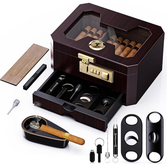Unbranded Cigar Humidor, Cedar Wood Desktop Humidor Cigar Box with Combination Lock, Glass Top Storage with Hygrometer & Humidifier, Accessory Drawer and Divider, Complete Cigar Accessories