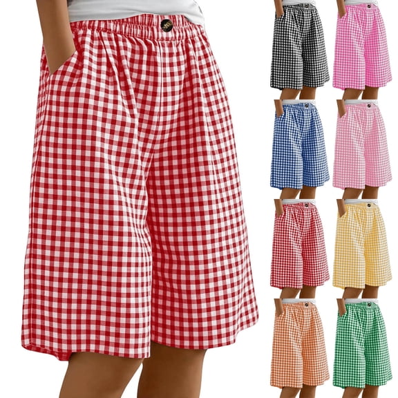Lovzfmll Bermuda Shorts for Women, Plaid Linen-Look Casual, Relaxed Fit Everyday Shorts Red, S