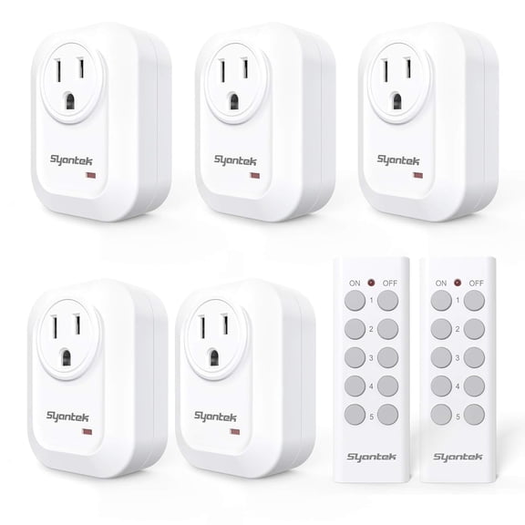 Syantek Upgraded Remote Control Outlet Wireless Light Switch for Household Appliances, Expandable Remote Light Switch Kit, Up to 100 ft Range, FCC Certified, ETL Listed, White (5 Outlets   2 Remotes)