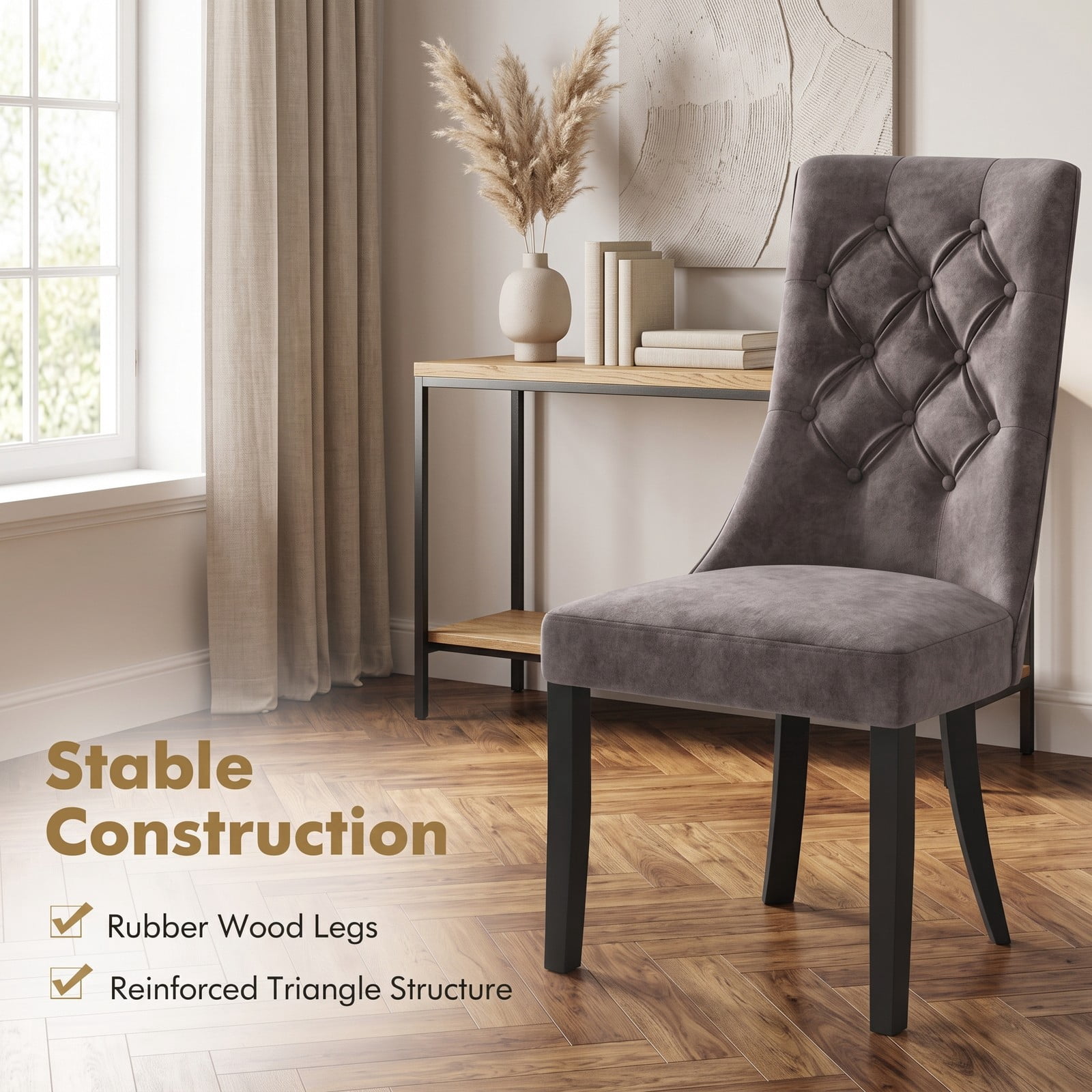 Furnibear Tufted Dining Chairs Set of 2, Upholstered Velvet Accent Side Chairs with High Backrest, Padded Seat and Rubber Wood Legs for Kitchen Living Room, Light Gray