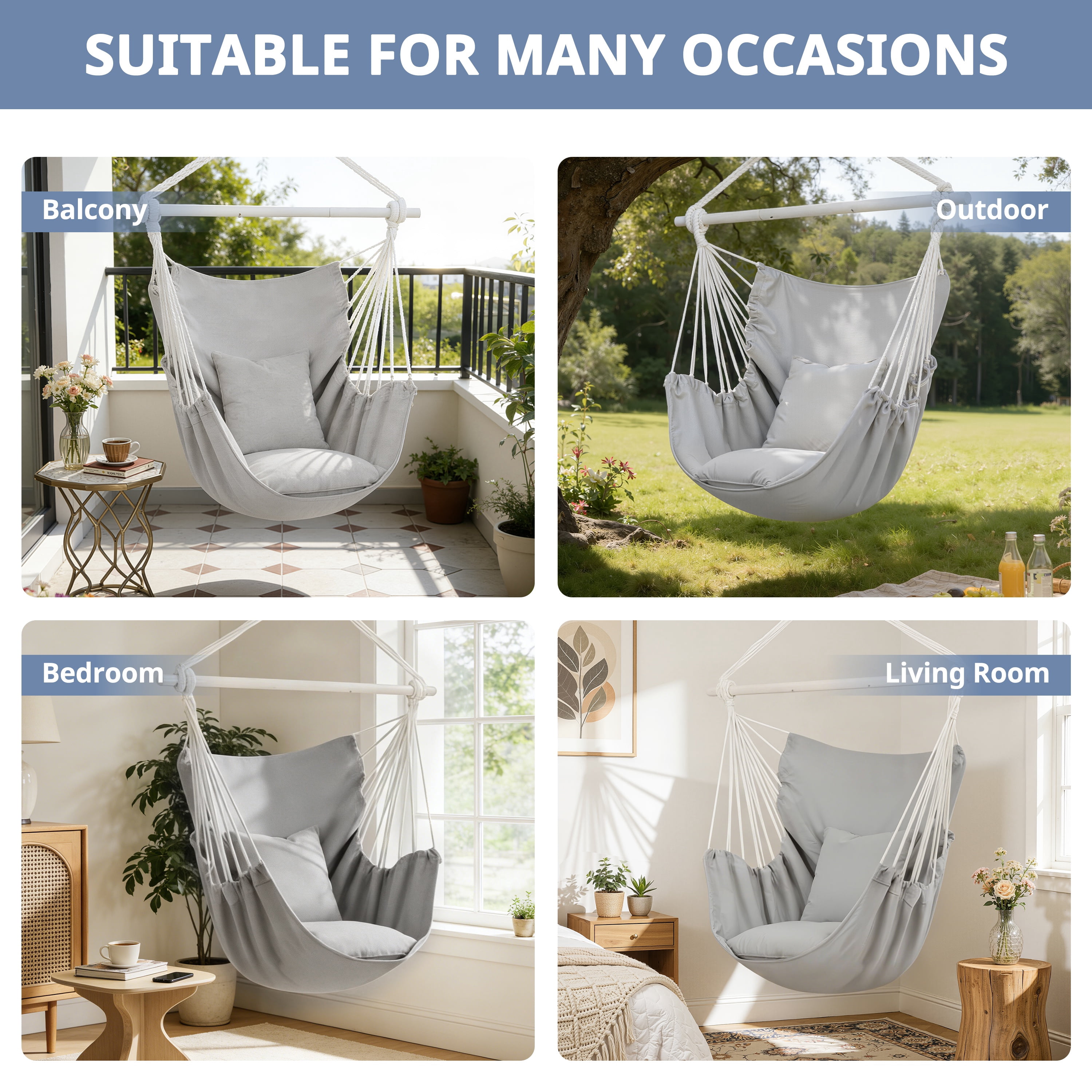 Large Hammock Chair Swing, Relax Hanging Rope Swing Chair with Detachable Metal Support Bar & Two Seat Cushions, Cotton Hammock Chair Swing Seat for Yard Bedroom Patio Porch Indoor Outdoor