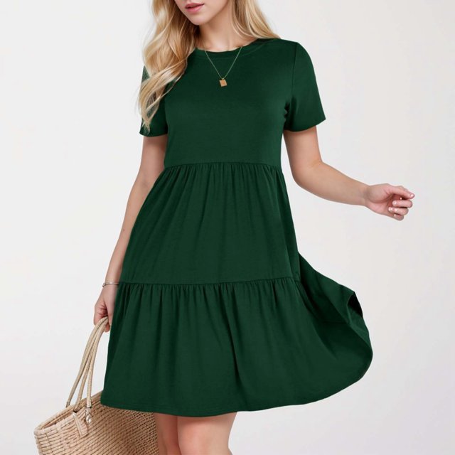 WILLBEST Teacher Dress Women's Solid Color Short Sleeve Ruffled Layered Flowy Maxi Dress
