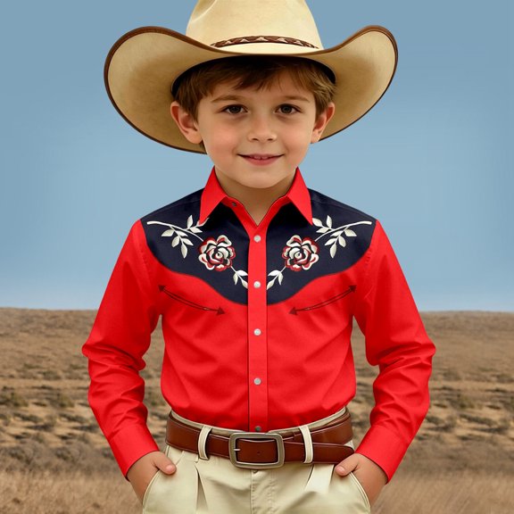 SOFTCCLO Boys Shirts Long Sleeve Lapel Collar Button Down Tops Classic Western Cowboy Print Casual Comfy Shirt for Boys Size 10-11Y