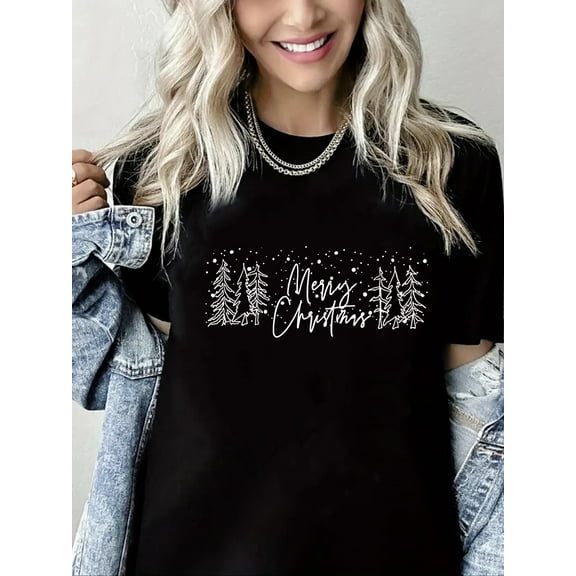Merry Christmas T-Shirt Christmas Tree Graphic Short Sleeve Shirt for Women