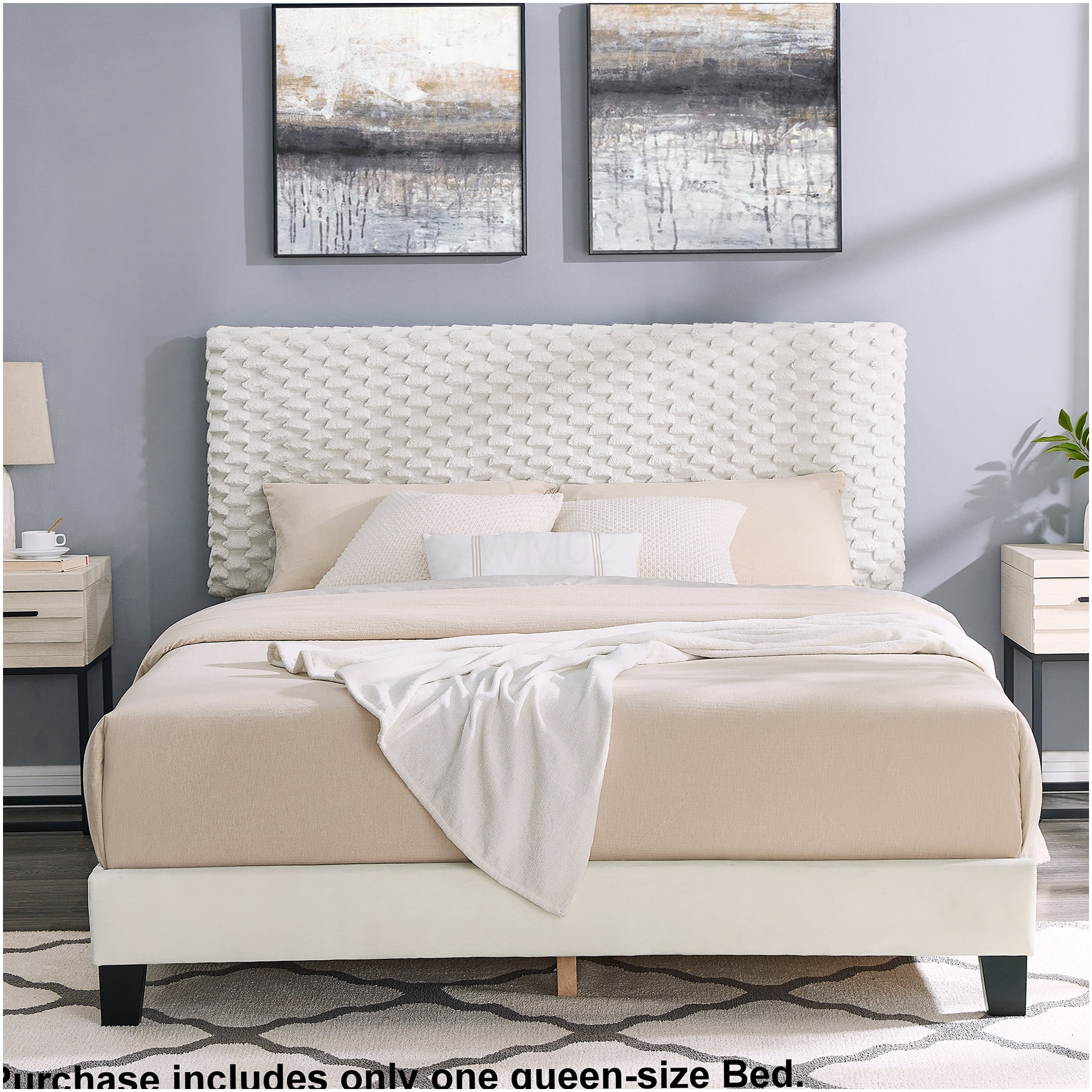 Queen Upholstered Bed Frame with Adjustable Headboard, Off-White Fabric Platform Bed, Low Profile Modern Design, No Box Spring Required