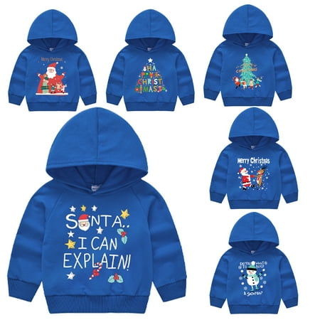 

Esaierr Toddler Boys Girls Hooded Knit Top 2-8 Years Old Christmas Printing Hoodie Kids Baby Casual Long Sleeve Casual Pullover Knit Top(Blue)