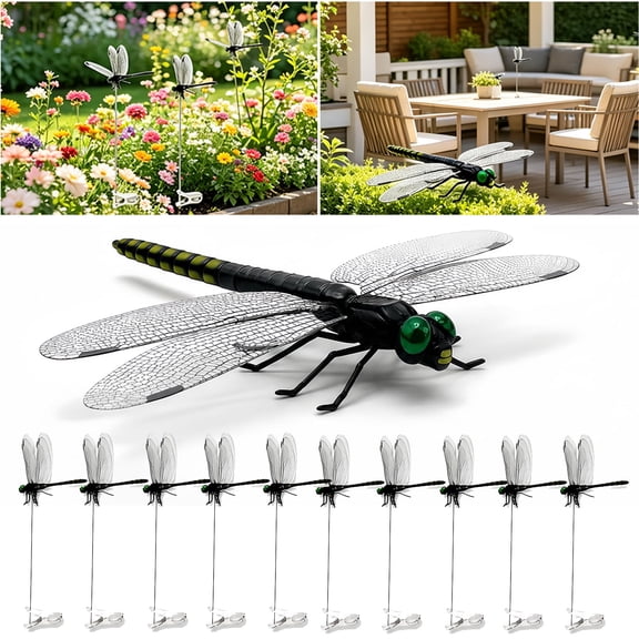 10 Pack Realistic Dragonfly Garden Stakes Outdoor Decor, 3D Lifelike Dragonfly with Clip Yard Ornaments for Flower Bed Lawn Patio Backyard Decoration
