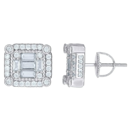 925 Sterling Silver Mens Baguette Cubic-Zirconia Square Fashion Stud Earrings