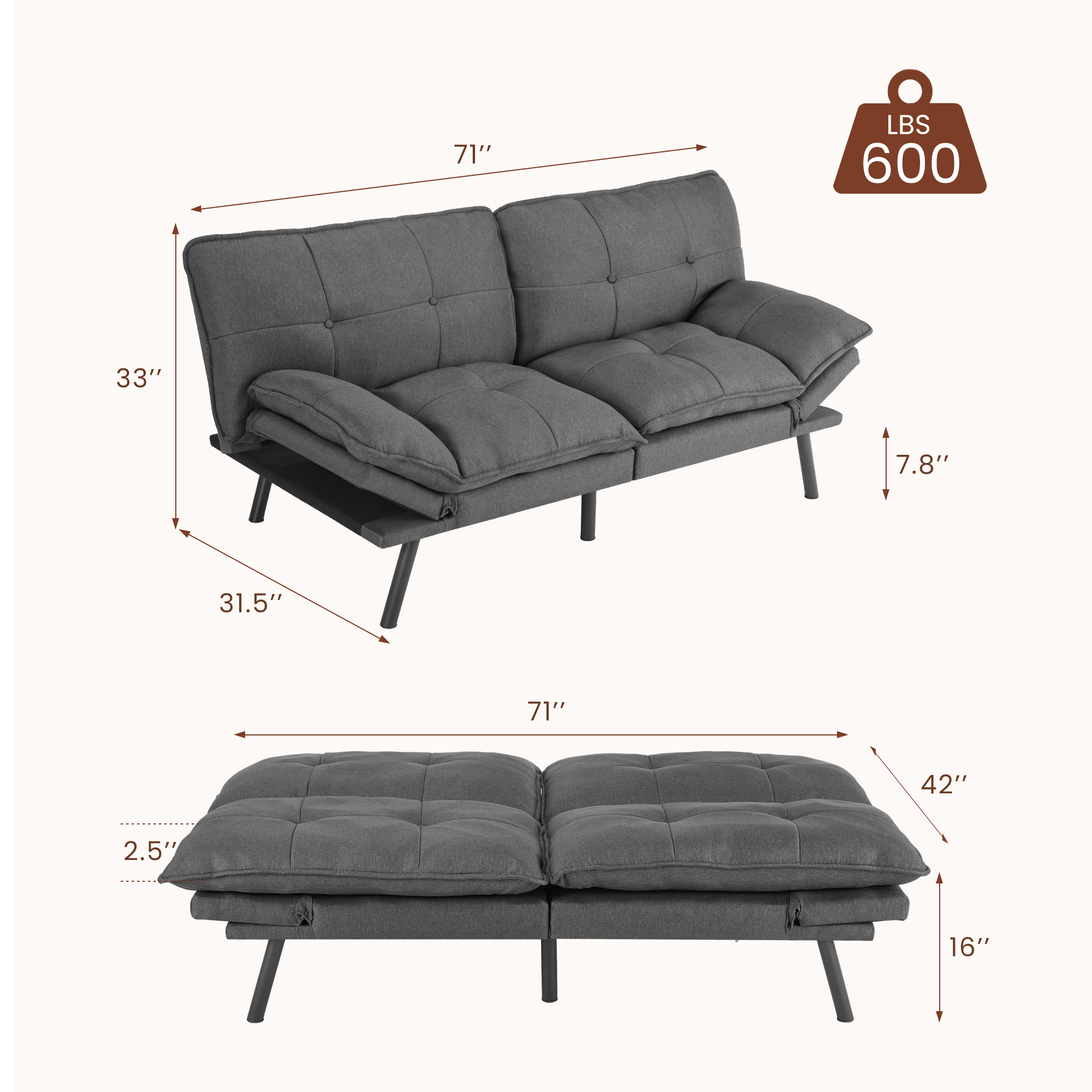 EDX Sofa Couch - Futon Sofa Bed, Full Size Futon, Sofa Sleeper, Modern Convertible Lazy Futon for Living Room, Small Space, Apartment Office, Grey