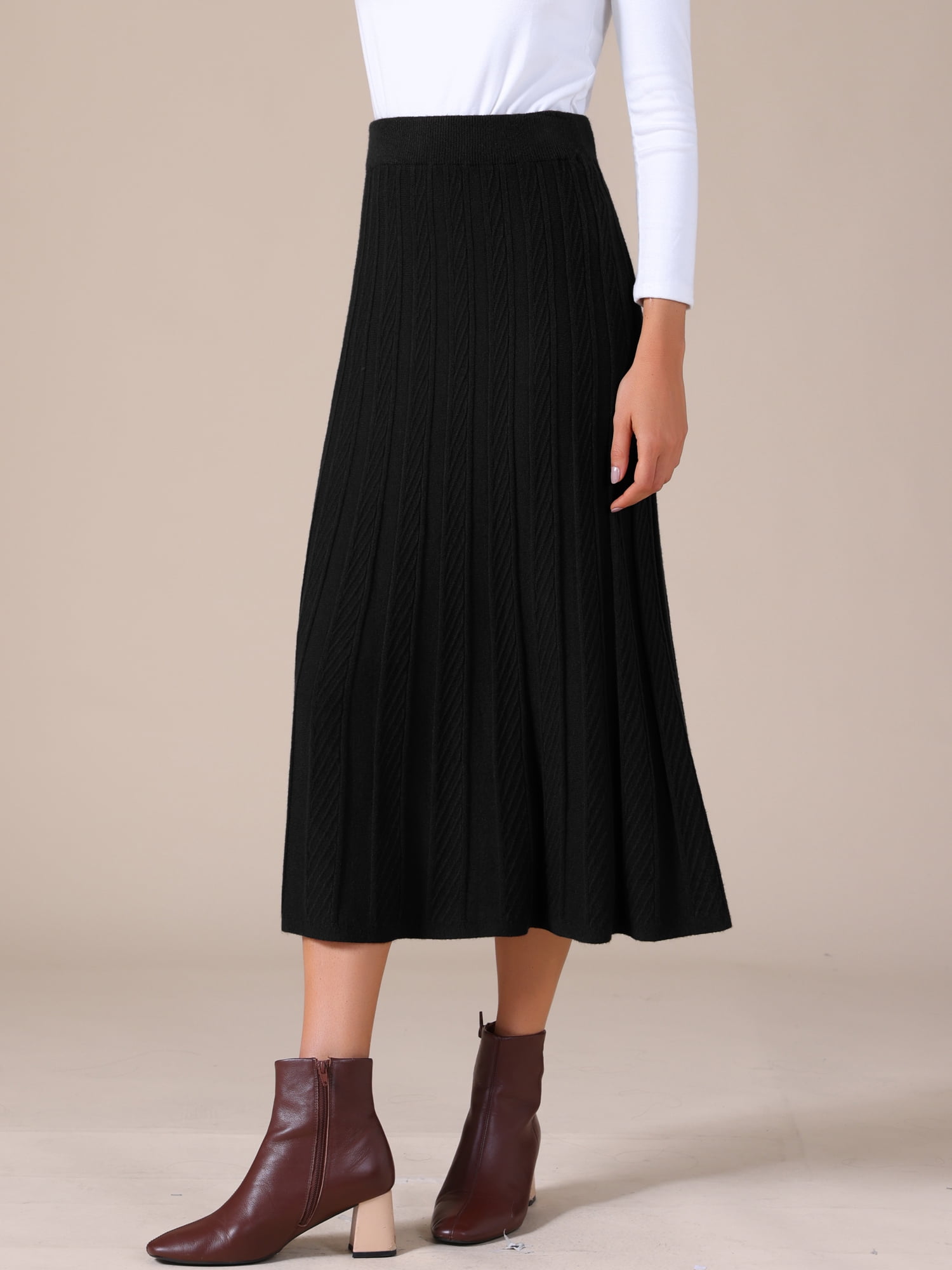 DARING DIVA Women's Sweater Pleated A Line Knit Midi Skirt Large Black