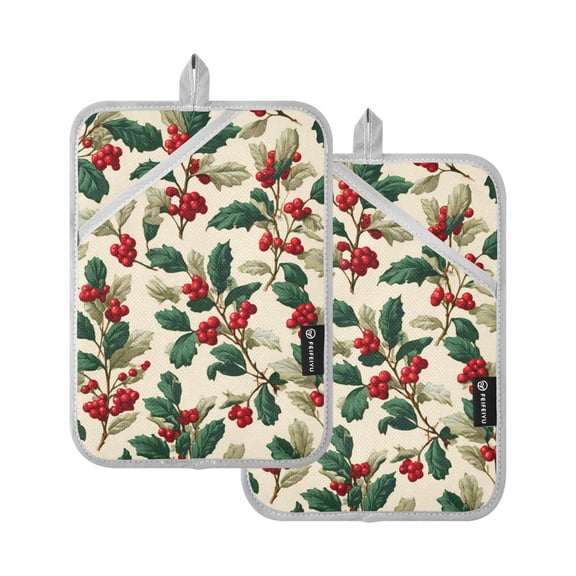 Mistletoe Holly Leaves Christmas Potholders Heat Resistant Pot Holder Set of 2 Oven Hot Pads with Pocket