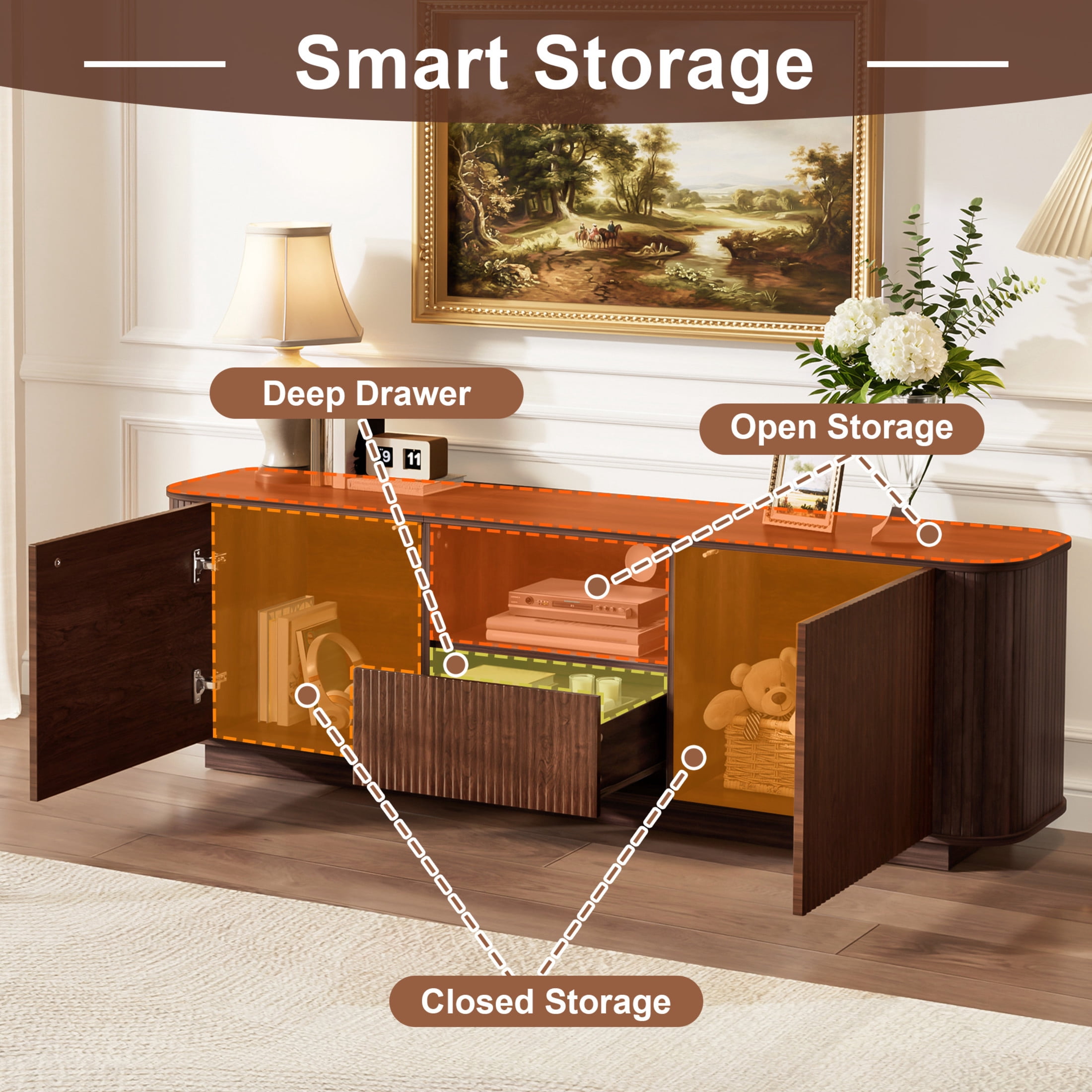 Noble House Modern TV Stand for TVs up to 80" with Ample Storage, Curved Corners, Dark Brown